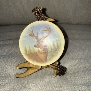 Vintage Whitetail Deer Coaster Set Of 4 Stoneware Hunting Outdoors Buck W/ Stand